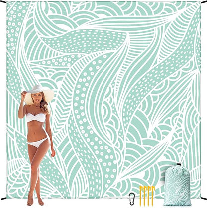 Beach Blanket Sandproof Extra Large Beach Mat Adults Waterproof Quick Drying Sand Free Mat Made by Premium Polyester with 4 Stakes & 4 Corner Pockets for Outdoor Travel Camping Hiking