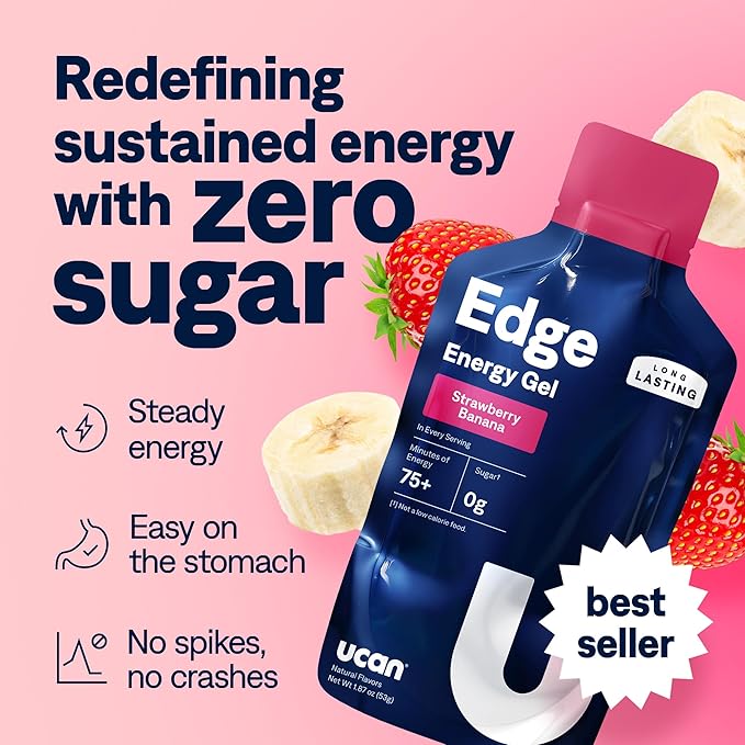 UCAN Edge Energy Gel Shots, Strawberry Banana (12, 2 Ounce Packets) for Running, Training, Workouts, Fitness, Cycling, Crossfit | Sugar-Free, Vegan, & Keto Friendly Energy