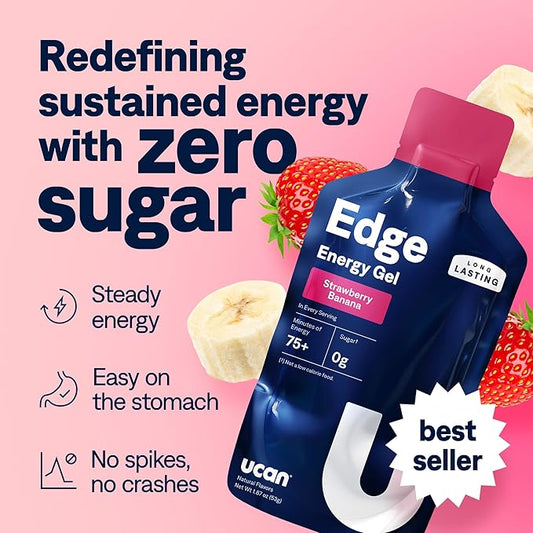UCAN Edge Energy Gel Shots, Strawberry Banana (12, 2 Ounce Packets) for Running, Training, Workouts, Fitness, Cycling, Crossfit | Sugar-Free, Vegan, & Keto Friendly Energy