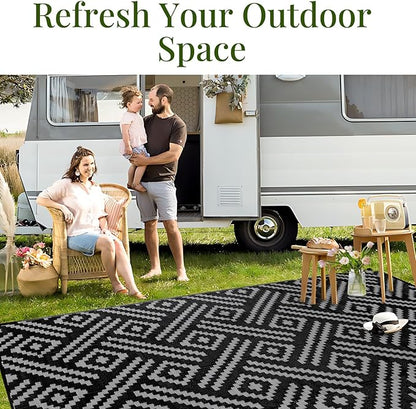 OPPODREAM Outdoor Rug 8x10 Patio Waterproof, Large Outdoor Plastic Straw Rug, Reversible Out Door Carpet for Camping, Deck, Rv, 8 x 10 Area Carpet for Balcony, Porch, Backyard, Black and Grey