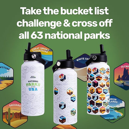 LET'S WANDER National Parks Water Bottle with 63 Waterproof Stickers - 32oz Leakproof Insulated Stainless Steel with Straw - USA Hiker Gift Bottle (Arctic White)