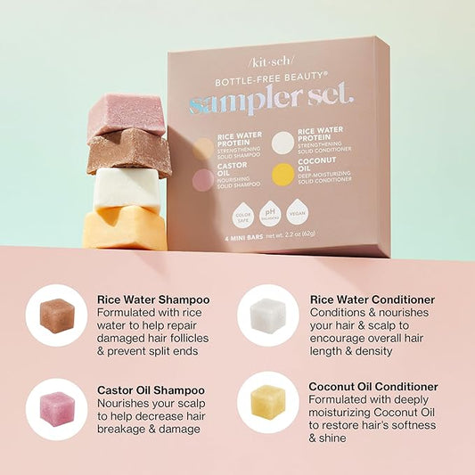 Kitsch 4pc Sampler Solid Shampoo and Conditioner Set - Rice Bar & Castor Oil Shampoo and Rice Bar & Coconut Oil Deep-Moisturizing Hair Conditioner, Zero Waste