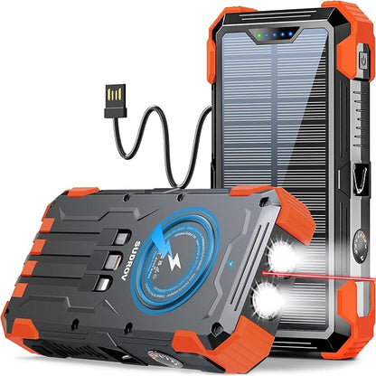 Solar Charger Power Bank, 42,800mAh Wireless Portable Charger with USB-C in/Output, QC3.0 Fast Charging 15W 4 Ports Outdoor Battery Pack Built-in LED Flashlight, for iPhone, Galaxy, iPad etc