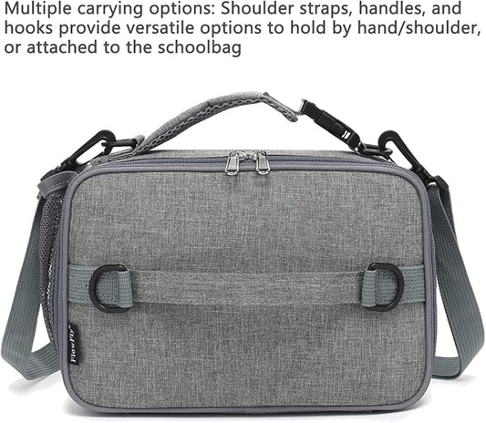 FlowFly Kids Lunch Bag, Durable Insulated School Lunch Box with Shoulder Strap and Bottle Holder, Water-resistant Thermal Small Lunch Cooler Tote for Teen Boys & Girls,Grey