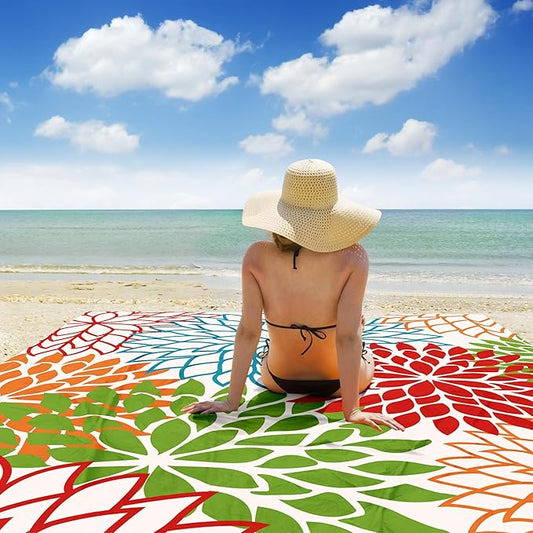 Large Beach Blanket Waterproof Sandproof, 78''×86'' Foldable Picnic Blankets for 4 Adults with Stakes and Sand Pocket, Colorful Blossoms Pattern Beach Mat Vacation Essentials Accessories Must Haves