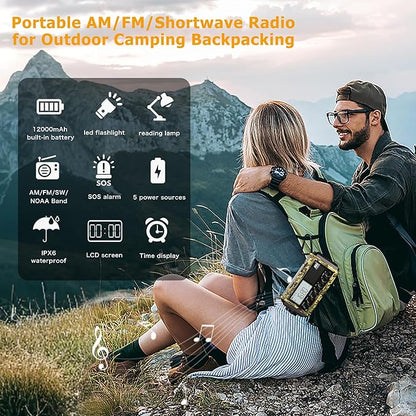 12000mAh/44400mWh Weather Radio, Hand Crank Emergency Radio Portable AM FM Shortwave, Solar Rechargeable Battery Powered Radio with NOAA Alert, USB-C Charger & Adapter, SOS Flashlight for Emergency