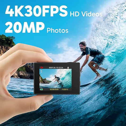 AKASO EK7000 4K30fps Action Camera with 64GB MicroSDXC U3 Memory Card Accessories Kit Bundle Ultra HD 131FT Waterproof Underwater Camera EIS WiFi Remote Control 4X Zoom, Black