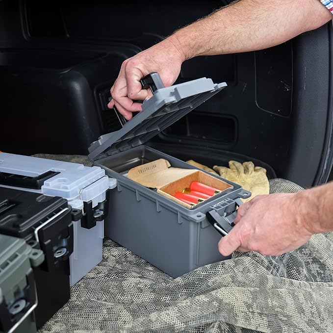Sheffield 12759 4-Pack Ammo Storage Box, Stackable .30 Cal Field Boxes, Water and Dust Resistant, Lockable Storage Box with Handle, Secures Hunting Gear, Supplies, and Bullets, Made in the USA, Gray