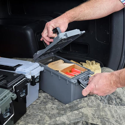 Sheffield 12759 4-Pack Ammo Storage Box, Stackable .30 Cal Field Boxes, Water and Dust Resistant, Lockable Storage Box with Handle, Secures Hunting Gear, Supplies, and Bullets, Made in the USA, Gray