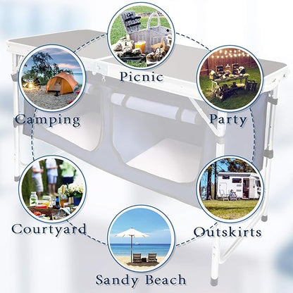CampLand Outdoor Folding Table Aluminum Lightweight Height Adjustable with Storage Organizer for BBQ, Party, Camping