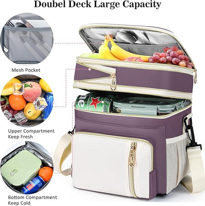 Lunch Box & Lunch Bag for Women, Large Insulated Adult Lunch Box Leakproof Lunchbox Cooler Bag for Work Picnic Beach,16L, Pink-purple & White
