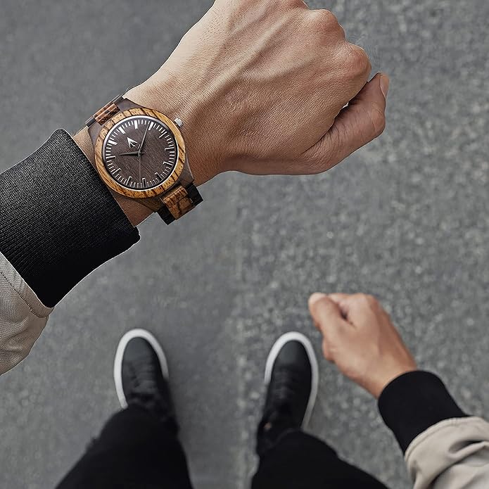 Treehut Wooden Watches for Men, Great Japanese Quartz Analog, Stylish Exotic Watch with Adjustable Stainless Steel Clasp, Buckle, Made from Ebony and Walnut Wood, Relojes Hombre Mujeres