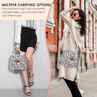 LOKASS Lunch Box for Women-Insulated Adults Lunch Bag with Removable Shoulder Strap&Front Pocket，Cute Lunch Tote for Work-Reusable Leopard Print Cooler Bag for Office Picnic Beach or Travel