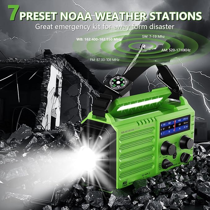 NOAA-Certified Emergency Weather Radio, AM/FM Portable Solar Hand Crank Powered with Flashlight & Reading Lamp for Emergency, Rechargeable Battery, SOS Alarm, Cell Phone Charger for Outdoor & Home Use