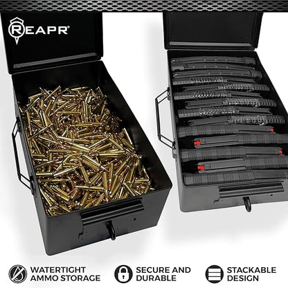Reapr Steel Ammo Can, Heavy Duty Locking Metal Ammo Storage Box, Airtight and Watertight 30 Cal or 50 Cal Case for Rifle, Shotgun, Pistol, Military Footlocker Style Tool and Gear Organizer