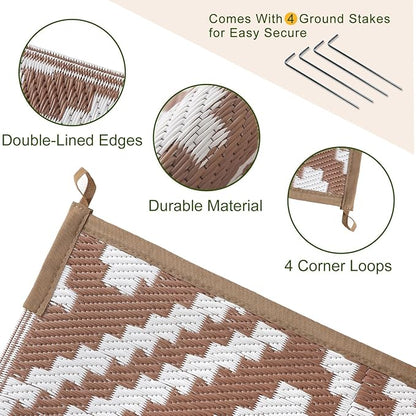 OPPODREAM Outdoor Rug 8x10 Patio Waterproof, Large Outdoor Plastic Straw Rug, Reversible Out Door Carpet for Camping, Deck, Rv, 8 x 10 Area Carpet for Balcony, Porch, Backyard, White and Brown