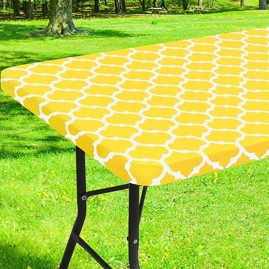Smiry Rectangle Picnic Table Cover, Waterproof Elastic Fitted Camping Tablecloths for 4 Foot Tables, Wipeable Flannel Backed Vinyl Tablecloth Protector for Indoor, Outdoor (Yellow, 30x48 Inches)