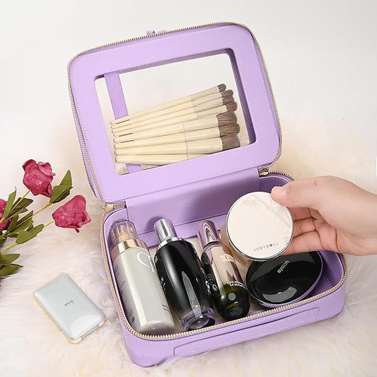 Aveniee Clear Makeup Bags, Double Layer Cosmetic Bags with a Separate Brush Compartment, Large Travel Toiletry Bag Train Case for Women, Travel Accessories Organizer(2 Layers Large, Lilac)