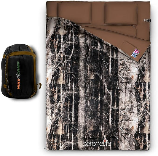 SereneLife Double Sleeping Bag with Pillows, Waterproof & Detachable for 2 Single Bags, Lightweight & Warm, Perfect for Camping, Hiking, Backpacking, and Cold Weather, Suitable for Temperatures 5-10°F
