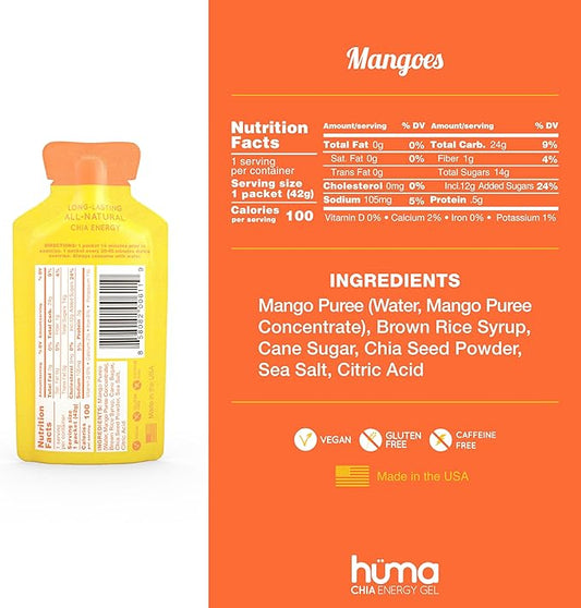 Huma Chia Energy Gel, Mangoes, 12 Gels - Premier Sports Nutrition for Endurance Exercise