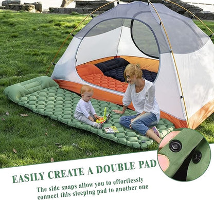 MEI&CO Lightweight Convertible Double Inflatable Camping Pad – 2-in-1 Single Pads Built-in Pillow – Quick Inflate Foot Pump, 660lb Capacity – Perfect for Couples & Family Adventures (2, Green)