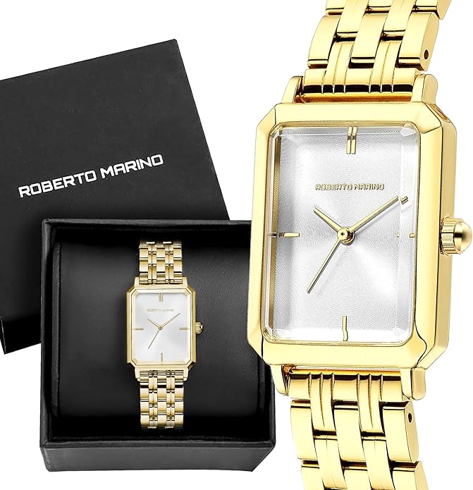 Roberto Marino RM1982 Women’s Luxury Watch Rectangular Gold – Japanese Quartz Movement, Vintage Stainless Steel Design, Silver Dial, Elegant Dress Timepiece, 3ATM Water Resistant – Reloj para Mujer