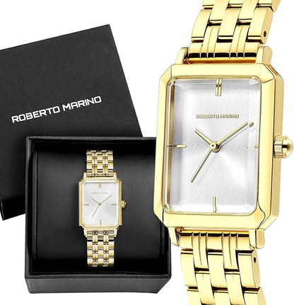 Roberto Marino RM1982 Women’s Luxury Watch Rectangular Gold – Japanese Quartz Movement, Vintage Stainless Steel Design, Silver Dial, Elegant Dress Timepiece, 3ATM Water Resistant – Reloj para Mujer