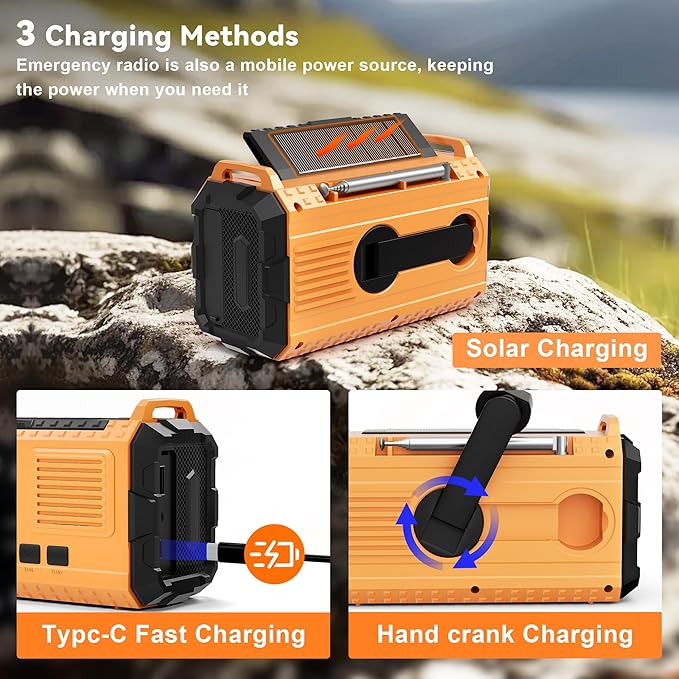Emergency Weather Radio - AM/FM/NOAA Hand Crank Radio with 15W Fast Charge, 40000mAh Portable Solar Power Bank, Multi-Function Flashlight & SOS Alarm for Outdoor Indoor Emergencies (Orange)