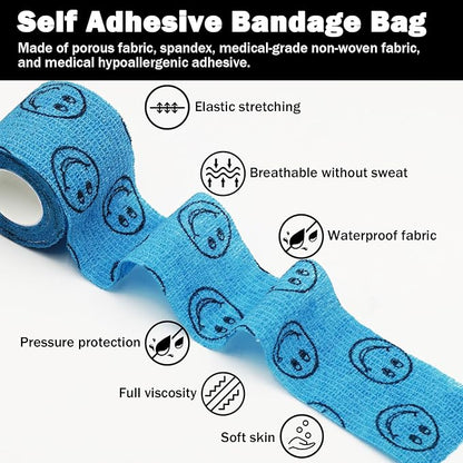 Cohesive Bandage First Aid Tape - Self Adherent Wrap Adhesive Bandages - Colorful Bandages (Blue Smile, 2-Inch)