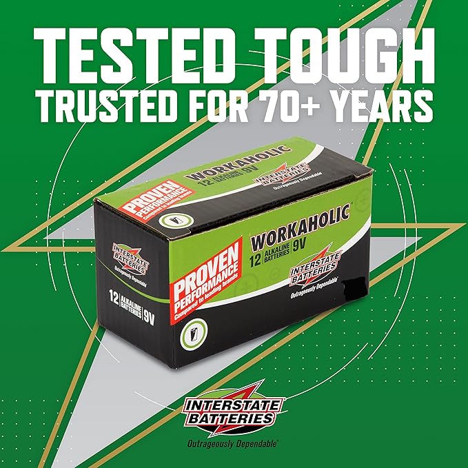 Interstate Batteries 9 Volt Alkaline Battery (12 Pack) All-Purpose 9V High Performance Batteries - Workaholic (DRY0196)