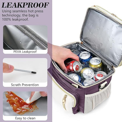 Lunch Box & Lunch Bag for Women, Large Insulated Adult Lunch Box Leakproof Lunchbox Cooler Bag for Work Picnic Beach,16L, Pink-purple & White