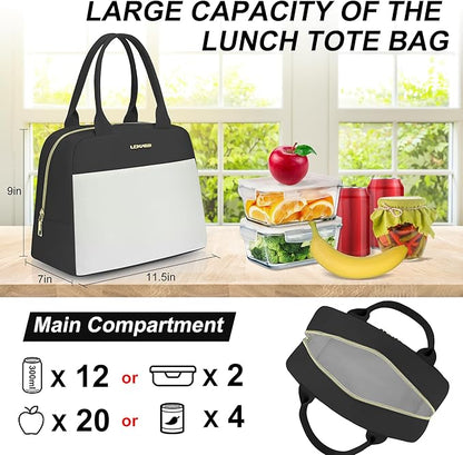 LOKASS Lunch Bag for Women-Insulated Adults Lunch Box with Front Pocket- Small Cute Lunch Tote for Work-Reusable Cooler Bag for Office Picnic Beach or Travel（Black）