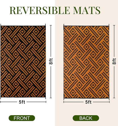 OPPODREAM Outdoor Rug 5x8 Ft, Waterproof Outdoor Plastic Straw Rug for Patio, Reversible Out Door Carpet for Camping, Deck, Rv, 5 x 8 Area Carpet for Balcony, Porch, Backyard, Black and Orange