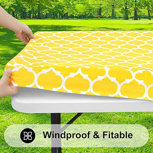 Smiry Rectangle Picnic Table Cover, Waterproof Elastic Fitted Camping Tablecloths for 6 Foot Tables, Wipeable Flannel Backed Vinyl Tablecloth Protector for Indoor, Outdoor (Yellow, 36x72 Inches)
