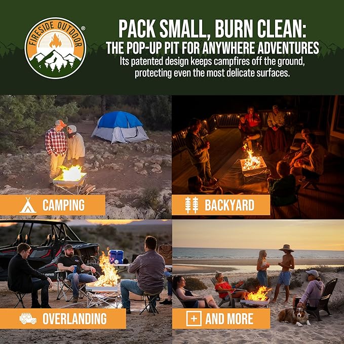 Fireside Outdoor Portable Fire Pit for Camping Fire Pit 24 Inch - Collapsible Pop Up Firepits for Outside, Portable Campfire Pits, Small Firepit for Outside, Weighs 7 lbs, Heat Shield NOT Included