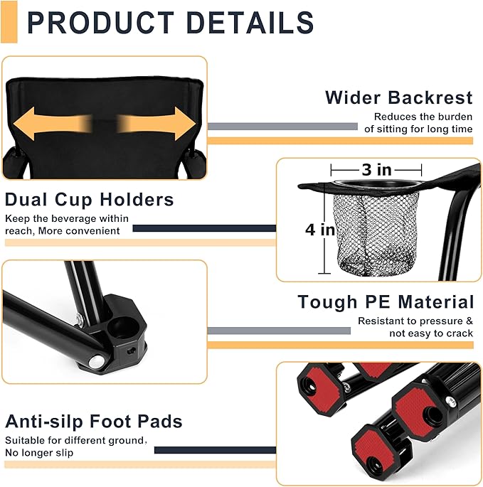 Joyfair Portable Camping Chair, Outdoor Lawn Folding Chairs for Adults, Heavy Duty Large Foldable Chairs for Beach, Fishing, Tailgating Outdoor Sport, 2 Cup Holders & Carry Bag