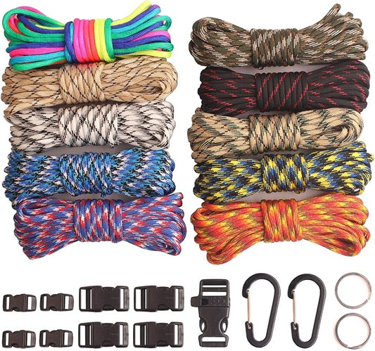 Paracord,Paracord 550 Combo Crafting Kits with 5 Types Buckles,20 Feet Each Paracord Rope (Light Rainbow Set 200feet) (D-Set)