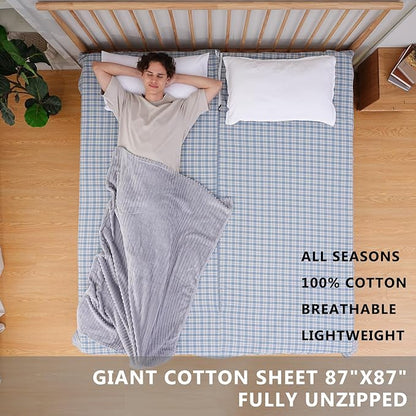 100% Cotton Sleeping Bag Liner with Full Length Zipper on 3 Sides; Single/Double Adult Sleep Sack for Travel & Camping, Multifunctional Travel Sheets (Unzipped 87”x87”) for Hotel, Lightweight