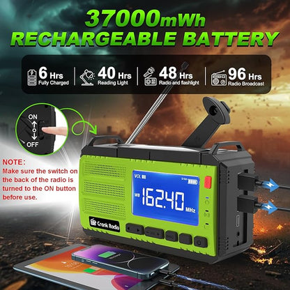 Emergency Weather Radio, Solar Hand Crank Radio AM/FM NOAA 37000mWh, Weather Alert Radio with 3 Mode Flashlight, Reading Lamp, SOS Alarm, Compass, Headphone Jack for Home Camping Emergency (Green)