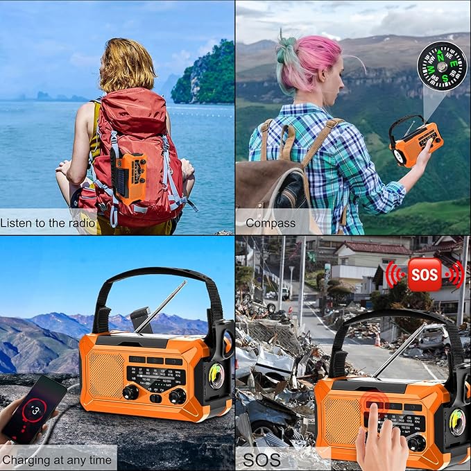 10000mAh Emergency Radio,Multi-Function AM/FM/NOAA Weather Radio,Hand Crank,USB Cable 3 Charging Methods,SOS Alarm,Flashlight,Phone Charger,Compass,Reading Lamp(Tangerine)