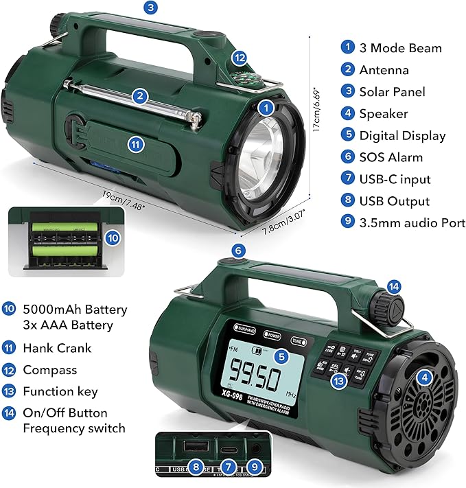 5000mAh Hand Crank Emergency Radio, AM/FM/SW/NOAA Weather Alert Radio Solar Powered, Crank Radios with Flashlight, USB-C Charging, Sleep Timer Clock Alarm, Headphone Jack, SOS Alarm for Home/Outdoors