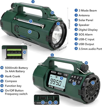 5000mAh Hand Crank Emergency Radio, AM/FM/SW/NOAA Weather Alert Radio Solar Powered, Crank Radios with Flashlight, USB-C Charging, Sleep Timer Clock Alarm, Headphone Jack, SOS Alarm for Home/Outdoors