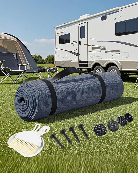 FoundGo Awning Carpet HDPE Camping Outdoor Rug with Eyelets,Nails,Broom,for RV,Patio,Backyard,Picnic,Beach,Trailer 9'*18' (2.74 * 5.49m)-Blue Grey