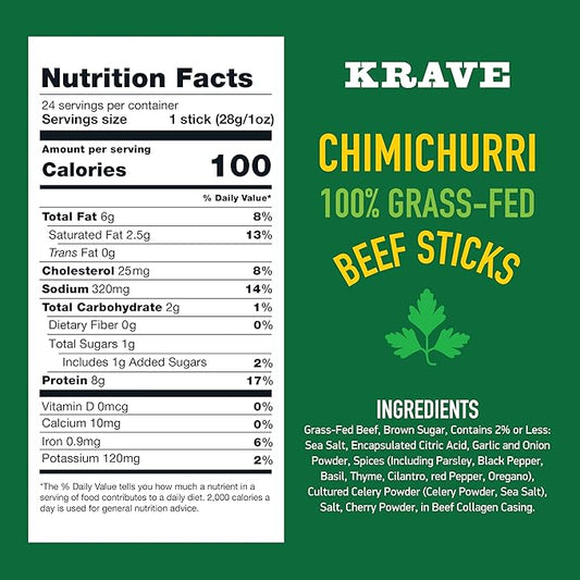 Krave, Beef Sticks (1 Ounce Sticks, Pack of 10) - 100% Grass Fed Beef, 100 Calories Per Stick, Good Source of Protein (10 Pack, Chimichurri)