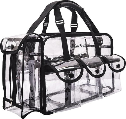 Professional Clear PVC Makeup Kits Organizer Make up Set Bag MUA Carry All Artist Transparent Vinyl Travel Cosmetic Bag with 6 External Pockets & Tissue Holder