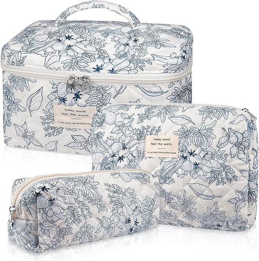 Makeup Bag Set, Quilted Floral Cosmetic Bags for Women, Cute Cotton Makeup Organizer, Travel Toiletry Bag Set (Navy Blue)