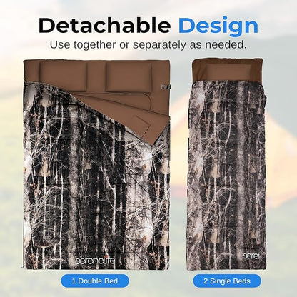 SereneLife Double Sleeping Bag with Pillows, Waterproof & Detachable for 2 Single Bags, Lightweight & Warm, Perfect for Camping, Hiking, Backpacking, and Cold Weather, Suitable for Temperatures 5-10°F