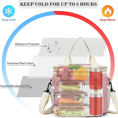 Lunch Box & Lunch Bag for Women, Large Insulated Adult Lunch Box Leakproof Lunchbox Cooler Bag for Work Picnic Beach,16L, Light Pink & White