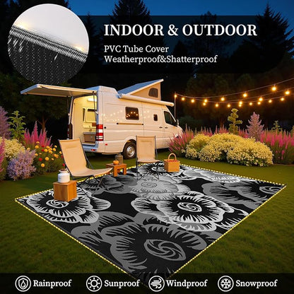 MontVoo Outdoor Rug with Led String Strip Lights 8x10ft Waterproof Outdoor Patio Rug Mat Reversible Plastic Straw Rug Outside Outdoor Rug for RV Camping Picnic Balcony Backyard Fairy Outdoor Decor