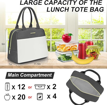 LOKASS Lunch Bag for Women-Insulated Adults Lunch Box with Front Pocket- Small Cute Lunch Tote for Work-Reusable Cooler Bag for Office Picnic Beach or Travel (Dark Grey)